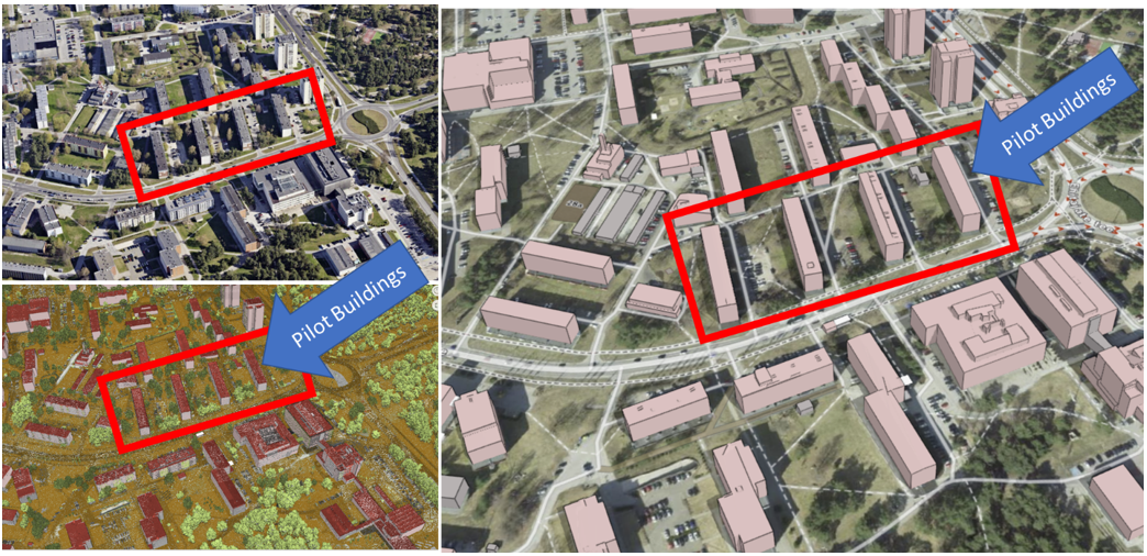 Figure 4. The SOFTacademy project pilot area presented in three forms: top-left is aerial photo, bottom-left is segemented pointcloud, and right is 3D GIS view.