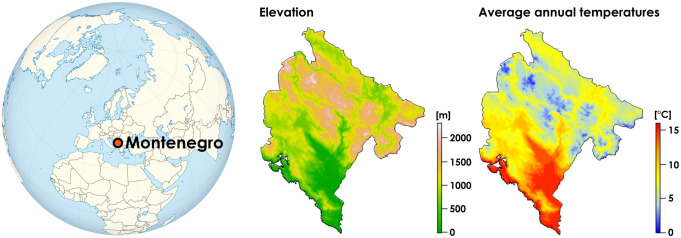 Fig. 1. Location (left), elevation (middle) and average annual temperature (right) of Montenegro