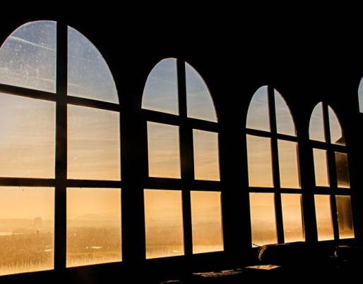Window architecture and outside city landscape