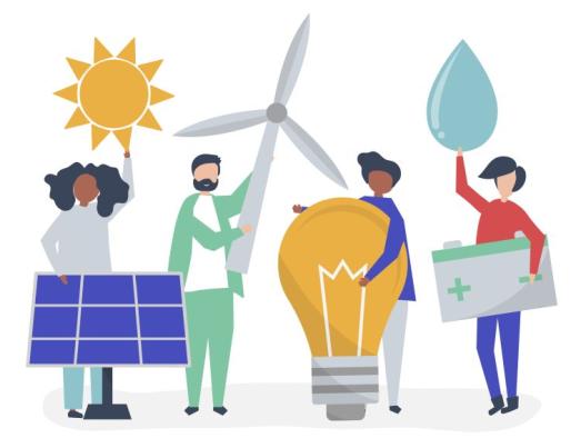 Illustration of people holding green energy icons, energy community