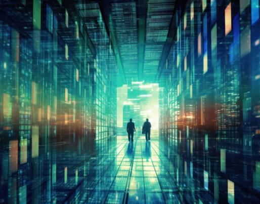 Digital buildings and people waling through