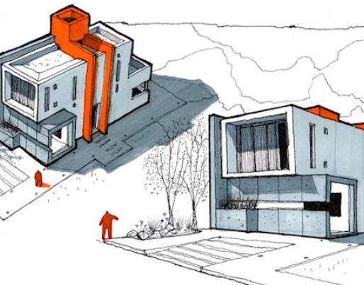 Some sketches of buildings in black and white, expect some orange which highlights some external air ducts