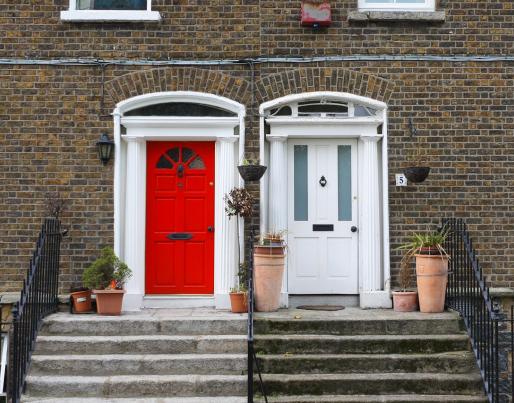 Two front doors in traditional building in Dublin