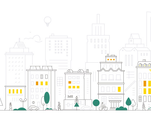 An illustration of a low-rise city with apartments and shops. At the street level, there are trees and people sitting at tables, riding bikes, etc. Colours are limited to black, green, and shades of yellow.