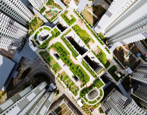 Air view of green space between buildings