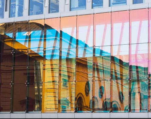 A glass facade of a building