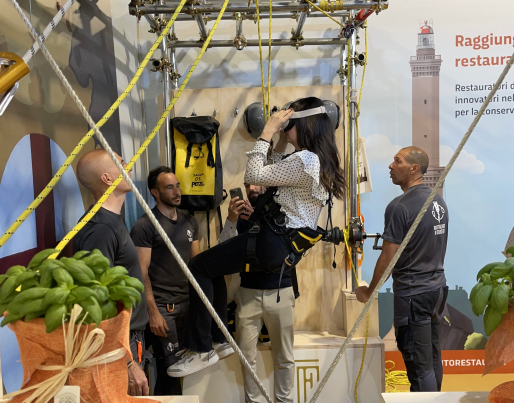 Students participating in a simulation activity of acrobatic construction at a building fair