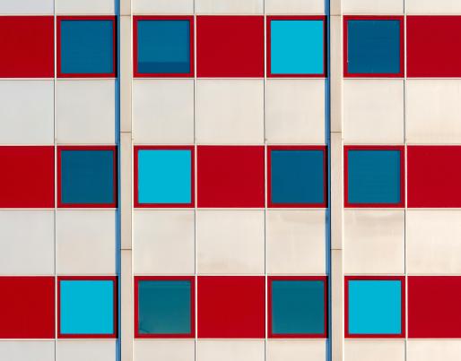 White and red building facade