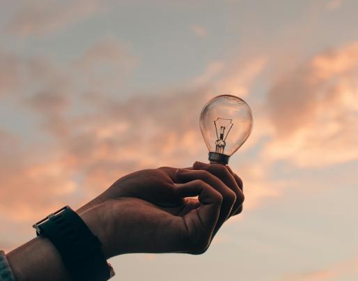A hand holding a light bulb