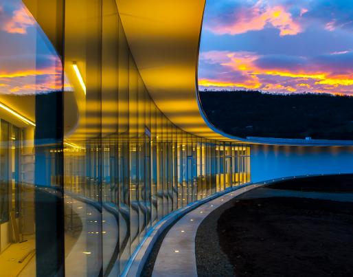 A glass wall building