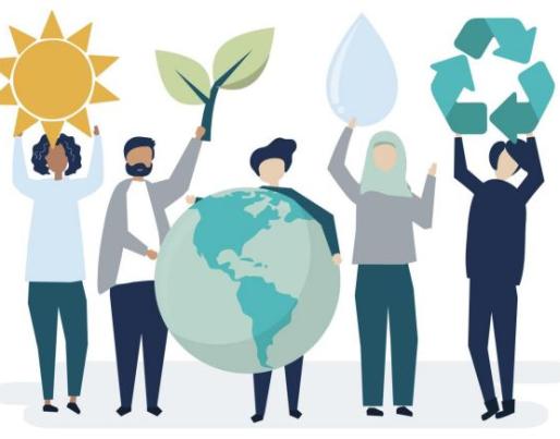 People hold in their hands a sun, planet Earth, a plant, a drop of water and the symbol of recycling. 