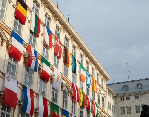 Building facade with EU flags
