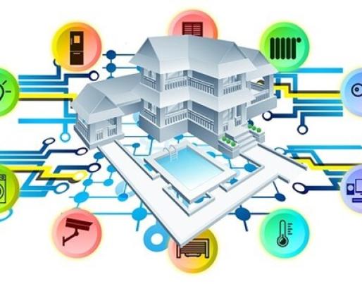 The image shows a modern house connected to various smart devices, represented by colourful icons around the house.