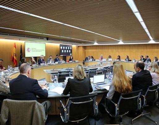 The image shows a work meeting in a modern conference room, with several people seated around an oval table. The screen displays the logo of the Government of Spain.