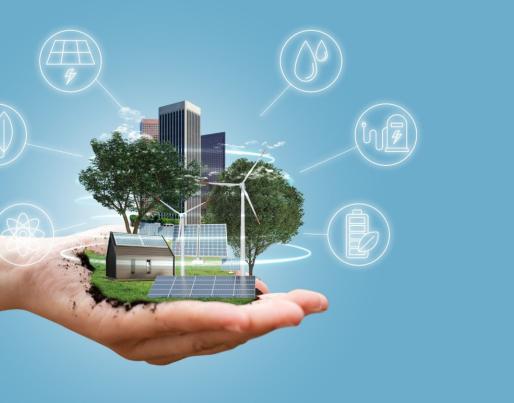Green smart buidlings on a hand