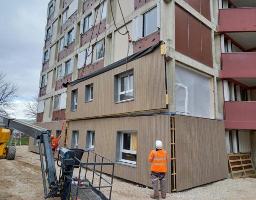 Two construction workers supervising building envelope renovation
