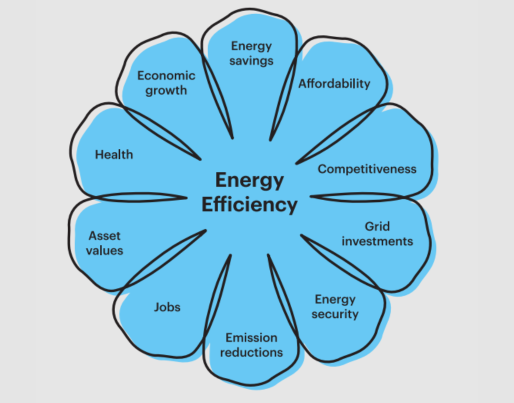 The image shows a blue flower with petals symbolising the benefits of energy efficiency, such as savings, affordability, and competitiveness. At its centre is the text "Energy Efficiency".