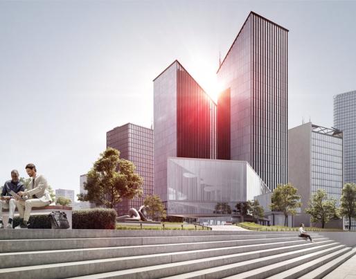 The image shows a modern urban scene with glass skyscrapers in the background and a landscaped area with steps in the foreground. Two people are sitting on a bench talking while the sun shines brightly.