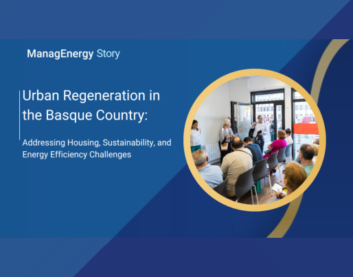 ManagEnergy Story event on urban regeneration in the Basque Country. Several people attend a talk focused on housing, sustainability, and energy efficiency.