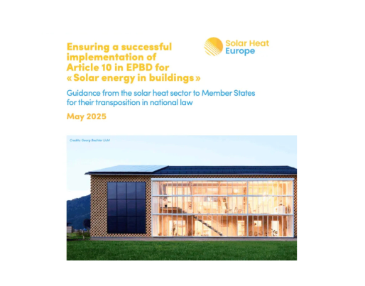 The image is the cover of the guide titled "Ensuring a successful implementation of Article 10 in EPBD for ‘Solar energy in buildings’", published in May 2025. It shows a complex of buildings with solar panels on the roofs and a modern house with large windows, highlighting the focus on integrating solar energy in buildings.