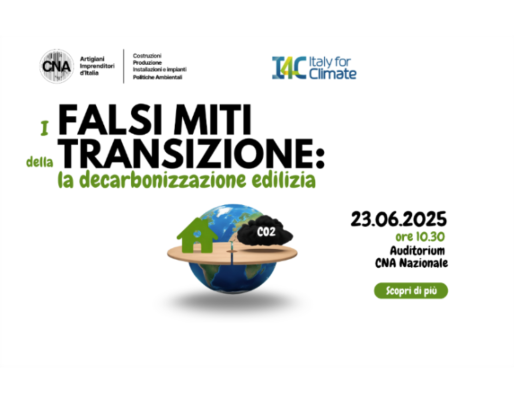The image is a poster announcing an event on decarbonisation in construction, organised by CNA and Italy for Climate. The event will take place on 23 June 2025 at 10:30 AM at the Auditorium CNA Nazionale.