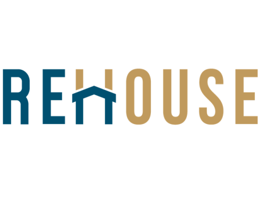 The image displays the word "REHOUSE", with the letters "H" and "O" creatively forming a stylised house, symbolising the concept of housing or refurbishment.