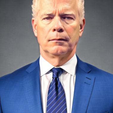 photo of Nicholas Stancioff wearing a blue suit, white shirt and blue stripped tie