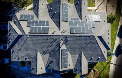 Roof of residential building equipped with solar panels