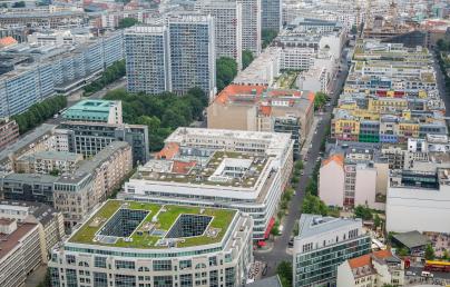 An aerial view of modern buildings