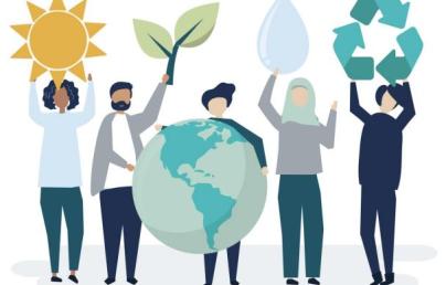 People hold in their hands a sun, planet Earth, a plant, a drop of water and the symbol of recycling. 