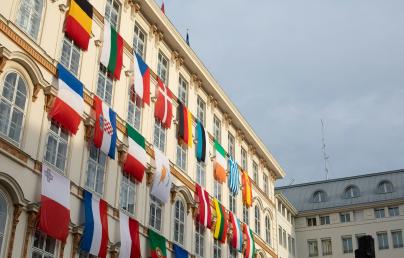 Building facade with EU flags