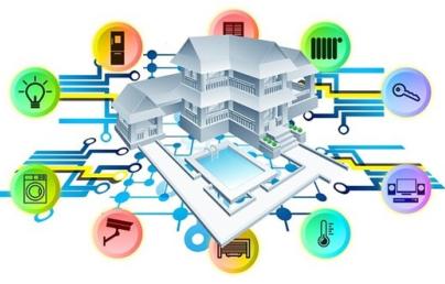 The image shows a modern house connected to various smart devices, represented by colourful icons around the house.