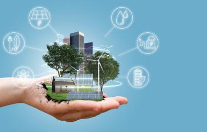 Green smart buidlings on a hand