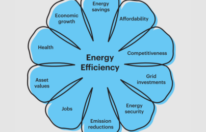 The image shows a blue flower with petals symbolising the benefits of energy efficiency, such as savings, affordability, and competitiveness. At its centre is the text "Energy Efficiency".