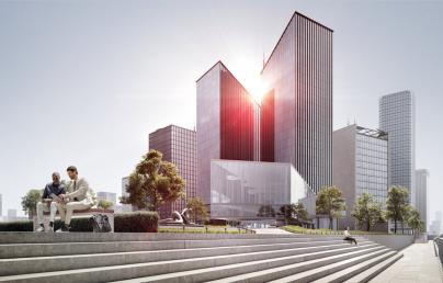 The image shows a modern urban scene with glass skyscrapers in the background and a landscaped area with steps in the foreground. Two people are sitting on a bench talking while the sun shines brightly.