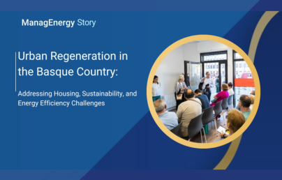 ManagEnergy Story event on urban regeneration in the Basque Country. Several people attend a talk focused on housing, sustainability, and energy efficiency.