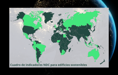 The image shows the the NDC Dashboard for Sustainable Buildings, featuring a highlighted world map and a background view of planet Earth from space.
