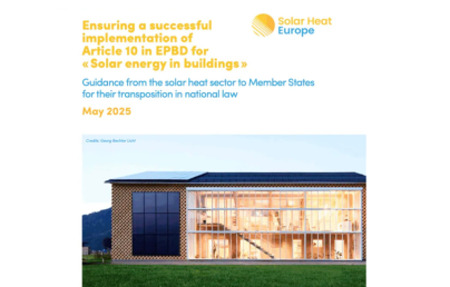 The image is the cover of the guide titled "Ensuring a successful implementation of Article 10 in EPBD for ‘Solar energy in buildings’", published in May 2025. It shows a complex of buildings with solar panels on the roofs and a modern house with large windows, highlighting the focus on integrating solar energy in buildings.