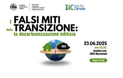 The image is a poster announcing an event on decarbonisation in construction, organised by CNA and Italy for Climate. The event will take place on 23 June 2025 at 10:30 AM at the Auditorium CNA Nazionale.