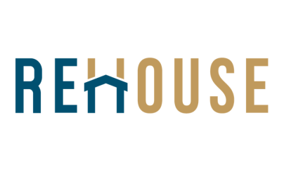 The image displays the word "REHOUSE", with the letters "H" and "O" creatively forming a stylised house, symbolising the concept of housing or refurbishment.