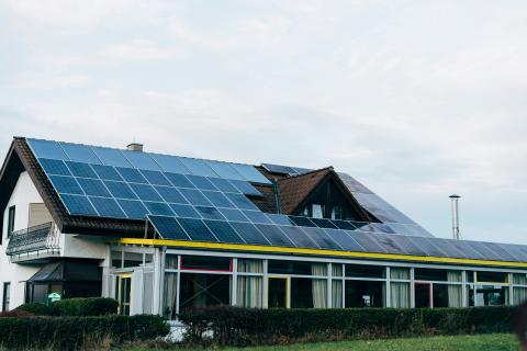 Solar panels in the roof of a building