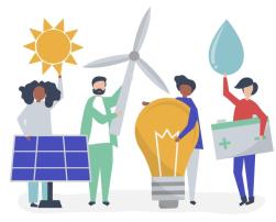 Illustration of people holding green energy icons, energy community