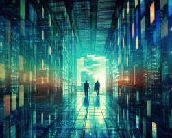 Digital buildings and people waling through