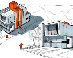 Some sketches of buildings in black and white, expect some orange which highlights some external air ducts 