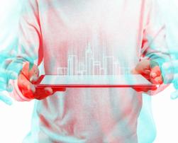 Tablet showing digital buildings