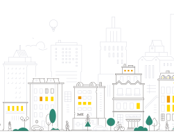 An illustration of a low-rise city with apartments and shops. At the street level, there are trees and people sitting at tables, riding bikes, etc. Colours are limited to black, green, and shades of yellow. 