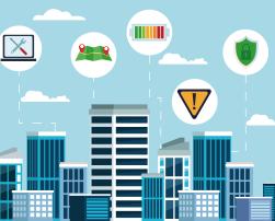 Illustration of city with smart technology icons