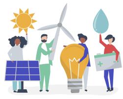 Illustration of people holding green energy icons