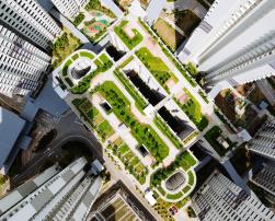 Air view of green space between buildings