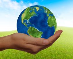 A hand holding a globe